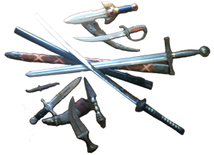 武器　(写真は模造剣　日本刀　
ブルパ、ジャンビーヤなど)
